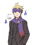  1boy alternate_costume bangs blonde_hair brown_jacket buttons closed_mouth commentary_request dated headband highres jacket looking_to_the_side male_focus morty_(pokemon) notice_lines one-hour_drawing_challenge open_clothes open_jacket pokemon pokemon_(game) pokemon_hgss purple_headband purple_scarf scarf short_hair signature simple_background smile solo tamura_(kouititamura) upper_body violet_eyes white_background 