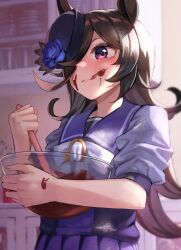  1girl animal_ears blue_flower blue_hat blue_rose blush bow bowl bowtie brown_hair chocolate chocolate_on_body closed_mouth commentary_request flipped_hair flower food_on_body gomashiwo_o hair_over_one_eye hat hat_flower highres holding holding_bowl holding_spatula horse_ears horse_girl long_hair mixing mixing_bowl pleated_skirt purple_sailor_collar purple_serafuku purple_shirt purple_skirt rice_shower_(umamusume) rose sailor_collar sailor_shirt school_uniform serafuku shirt skirt sleeves_rolled_up solo spatula tilted_headwear tongue tongue_out tracen_school_uniform umamusume violet_eyes white_bow white_bowtie 
