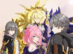  2boys 2girls absurdres asymmetrical_wings black_coat blonde_hair blue_wings breasts caelus_(honkai:_star_rail) chinese_commentary coat commentary_request cracked_skin cyrene_(honkai:_star_rail) cyrene_(philia093)_(honkai:_star_rail) dual_persona gauntlets gold_blood gold_halo grey_hair highres honkai:_star_rail honkai_(series) li_shijin looking_at_another medium_hair mismatched_wings multicolored_hair multiple_boys multiple_girls phainon_(honkai:_star_rail) phainon_(khaslana)_(honkai:_star_rail) pink_hair purple_coat shirt short_hair simple_background small_breasts stelle_(honkai:_star_rail) topless_male trailblazer_(honkai:_star_rail) two-tone_hair white_hair white_shirt wings yellow_eyes yellow_wings 