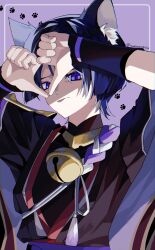  1boy absurdres animal_ear_fluff animal_ears armor bell black_bodysuit black_hair black_kimono black_sleeves blunt_ends bodysuit border cat_boy cat_ears fingernails furisode genshin_impact gold hands_up heart heart_hands highres iwoarazumi129 japanese_armor japanese_clothes jewelry jingle_bell juban kimono kote kurokote layered_sleeves looking_at_viewer male_focus mandarin_collar multicolored_hair neck_bell neck_ring open_clothes open_kimono paw_print purple_background purple_hair purple_rope purple_sash purple_sleeves red_kimono red_pupils red_sash rope sash scaramouche_(genshin_impact) shimenawa short_sleeves shoulder_peek single_sode slit_pupils solo streaked_hair tassel thumbs_down thumbs_down_heart_hands tongue tongue_out twitter_username upper_body violet_eyes white_border white_kimono white_rope white_trim 
