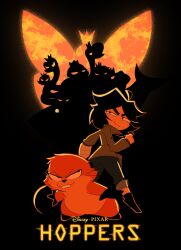  5girls 6+boys amphibian_king beaver bird bird_king black_background black_hair boots bug butterfly crown dark-skinned_female dark_skin darkness diane_(hoppers) dual_persona english_text fiery_background fire fish fish_queen frog from_behind goose green_jacket highres hoppers_(pixar) jacket king_george_(hoppers) mabel_tanaka mabel_tanaka_(beaver) multiple_boys multiple_girls orange_fur pants reptile_queens shark silhouette snake spoilers titus_(hoppers) tommy_tornad0 