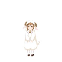  1girl aged_down animal_costume animal_ears animal_hood bell bow bowtie brown_hair child closed_mouth cosplay fake_animal_ears fake_horns fake_tail full_body game_cg hood hood_up horns kigurumi kunikida_hanamaru looking_at_viewer love_live! love_live!_school_idol_festival love_live!_sunshine!! neck_bell official_art onesie sheep_costume sheep_ears sheep_hood sheep_horns sheep_tail simple_background smile solo standing tachi-e tail third-party_source transparent_background yellow_eyes 