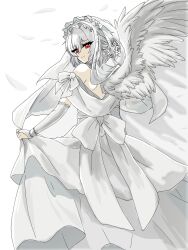  1girl alternate_costume back_bow bow bridal_gauntlets bridal_veil candle4gdon closed_mouth commentary_request dress feathered_wings flower grey_wings hair_flower hair_ornament highres kishin_sagume looking_at_viewer looking_back medium_hair red_eyes rose sagume_day single_wing skirt_hold smile solo touhou traditional_media veil wedding_dress white_bow white_dress white_flower white_rose white_veil white_wings wings 