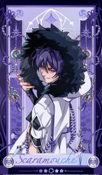  1boy anemo_symbol_(genshin_impact) aqua_gem arm_at_side armor belt biting_own_lip black_sleeves blunt_ends border bright_pupils cactusute character_name coat constellation_print crystal eyeliner fatui_coat feathers fingernails from_side fur-trimmed_coat fur-trimmed_hood fur_trim gem genshin_impact hair_between_eyes hand_up heart highres hood hood_up hooded_coat japanese_armor kote kurokote layered_sleeves looking_at_viewer makeup male_focus mitsudomoe_(shape) ornate_border purple_background purple_border purple_hair purple_rope red_eyeliner rope scaramouche_(genshin_impact) shimenawa solo star_(symbol) tassel teeth tomoe_(symbol) tsurime violet_eyes vision_(genshin_impact) white_belt white_coat white_hood white_pupils white_rope white_sleeves white_trim yellow_feathers 