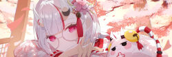  1girl commentary_request flower glasses hair_between_horns hair_flower hair_ornament highres hololive horn_ornament horns mk_haku multicolored_hair nakiri_ayame nakiri_ayame_(shrine_maiden) official_alternate_costume oni outdoors poyoyo_(nakiri_ayame) red_eyes red_hair solo virtual_youtuber white_hair 