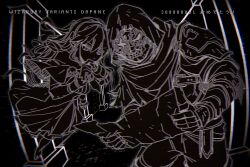  1boy 1girl commentary_request copyright_name dungeon floating gauntlets greyscale hand_up highres holding holding_map hood long_hair lulunarde_(wizardry) map mask monochrome narita_imomushi protagonist_(wizardry_variants_daphne) wireframe wizardry wizardry_variants_daphne 