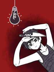  1boy antenna_hair arms_up black_eyes black_hair black_tank_top collarbone colored_skin commentary double-parted_bangs english_commentary hair_between_eyes highres holding holding_knife knife light_bulb looking_at_viewer male_focus omori omori_(omori) red_background reii163 short_hair solo tank_top upper_body white_skin 