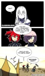  ! !! 1boy 3girls ? armor artoria_pendragon_(fate) artoria_pendragon_(lancer)_(fate) bedivere_(fate) commentary english_commentary fate/grand_order fate_(series) fujimaru_ritsuka_(female) hair_between_eyes highres lazyartlazy12 mash_kyrielight multiple_girls orange_hair pink_hair short_hair short_sleeves speech_bubble twitter_username 