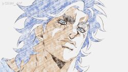  1boy araki_hirohiko_(style) blue_eyes blue_hair commentary english_commentary genda_art hatching_(texture) highres jojo_no_kimyou_na_bouken jonathan_joestar lips looking_at_viewer male_focus messy_hair official_style phantom_blood portrait smile solo stone_ocean thick_eyebrows 