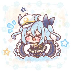  >_< 1girl :d ahoge airy_production black_shoes blue_hair blue_ribbon blush_stickers bow chibi closed_eyes commentary_request dress facing_viewer fang floral_background frilled_sleeves frills gekkou_tukuyomi hair_ribbon hat highres long_hair long_sleeves mitarashi_neko notice_lines peaked_cap pleated_dress ribbon shoes sleeves_past_fingers sleeves_past_wrists smile socks solo star_(symbol) striped_clothes striped_socks tilted_headwear two_side_up vertical-striped_clothes vertical-striped_socks very_long_hair virtual_youtuber white_background white_bow white_dress white_hat xd 