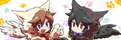  2boys angel angel_wings animal_ears animal_hands black_hair blue_eyes bow bowtie brown_hair cat_ears commentary_request dark_pit kid_icarus kid_icarus_uprising looking_at_another male_focus multiple_boys open_mouth paw_print pit_(kid_icarus) purple_bow purple_bowtie red_bow red_eyes trg0iry wings 