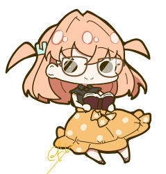  1girl absurdres black_shirt brown-framed_eyewear chibi chibi_only closed_mouth collared_shirt frilled_shirt frills full_body glasses hair_ornament highres hinoshita_kaho hinoshita_kaho_(ishikawa_prefectural_library) link!_like!_love_live! love_live! medium_hair medium_skirt oofushi_ao orange_hair orange_skirt rabbit_hair_ornament reading shirt signature simple_background skirt sleeveless sleeveless_shirt smile solid_circle_eyes solo split_mouth two_side_up virtual_youtuber white_background 