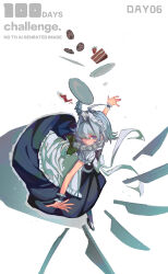  1girl absurdres ahoge apron back_bow black_shoes blue_dress blue_eyes blue_nails blue_wrist_cuffs bow braid cake cake_slice chunye_xiuluo closed_eyes commentary_request cookie cup dress english_text falling_food food frilled_apron frilled_dress frilled_wrist_cuffs frills from_above fruit full_body green_bow grey_hair hair_bow hair_intakes hair_over_one_eye highres izayoi_sakuya knife long_hair looking_at_viewer maid maid_apron maid_headdress nail_polish outstretched_arms plate puffy_short_sleeves puffy_sleeves shirt shoes short_sleeves simple_background solo spilling standing standing_on_one_leg strawberry teacup thigh-highs touhou twin_braids white_apron white_background white_bow white_headdress white_shirt white_thighhighs wrist_cuffs 