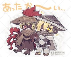  1boy 1girl animal_legs bandage_on_face bandage_over_one_eye bandages blonde_hair blush brown_bandages brown_cloak brown_feathers brown_robe brown_scarf cloak conical_hat couple don_quixote_(project_moon) feather_tail feathered_cloak feathers fur_hood fur_trim grey_scarf hat heishou_pack-wei_branch_(identity)_(project_moon) heishou_pack-you_branch_(identity)_(project_moon) hongyuan_(identity)_(project_moon) hood horns jacket limbus_company open_mouth pandakokkopanda project_moon red_bandage red_eyes rice_hat robe rooster_tail scarf sheep_girl sheep_horns short_hair sinclair_(project_moon) smile white_background yellow_eyes 