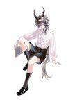  1boy absurdres animal_ears arknights bishounen blouse book ebenholz_(arknights) eyebrows_behind_hair frills full_body goat_boy goat_ears goat_horns highres horns long_hair looking_at_viewer male_focus ponytail ribbon shirt shoes shorts simple_background socks solo thighs violet_eyes white_hair white_shirt yunluo 