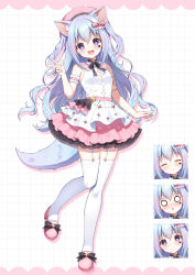  1girl :d :o animal_ear_fluff animal_ears bare_shoulders blue_hair blush bow closed_eyes closed_mouth commentary_request dress drop_shadow frilled_skirt frills full_body garter_straps grid_background hair_between_eyes hair_bow hand_up highres long_hair looking_at_viewer mauve miniskirt multiple_expressions o_o open_mouth original pink_bow pink_shoes pink_skirt shoes short_dress sidelocks skirt sleeveless sleeveless_dress smile standing standing_on_one_leg star-shaped_pupils star_(symbol) symbol-shaped_pupils tail thigh-highs violet_eyes w white_background white_dress white_thighhighs wolf_ears wolf_girl wolf_tail 