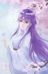  1girl absurdres blue_sky blurry blurry_background branch bug butterfly falling_petals flower from_side hair_ornament hairpin highres long_hair looking_at_viewer needle petals purple_hair shao_siming_(qin_shi_ming_yue) shao_siming_guang_wei sky solo upper_body veil zhu_xian 