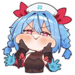 1girl blue_gloves blue_hair chibi colphne_(girls'_frontline_2) colphne_(silent_heart)_(girls'_frontline_2) commentary english_commentary girls'_frontline_2:_exilium girls_frontline gloves hat looking_at_viewer red_eyes rishe_(reeeeshe) upper_body white_background 