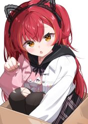  1girl absurdres animal_ears asymmetrical_bangs black_hoodie black_skirt black_thighhighs blush box cardboard_box cat_ears chestnut_mouth commentary_request cropped_jacket ear_piercing earrings fake_animal_ears fang hair_between_eyes hairband highres hood hood_down hoodie in_box in_container jacket jewelry knees_up lace_hairband long_hair long_sleeves looking_at_viewer minilotte multicolored_hair multicolored_jacket nekota_tsuna nekota_tsuna_(2nd_costume) open_clothes open_jacket open_mouth orange_eyes orange_streaks paw_pose paw_print piercing pink_jacket pink_skirt plaid_clothes plaid_skirt pleated_skirt simple_background sitting skirt solo streaked_hair symbol_in_eye thigh-highs torn_clothes torn_thighhighs two-tone_jacket two-tone_skirt two_side_up virtual_youtuber vspo! white_background white_jacket 