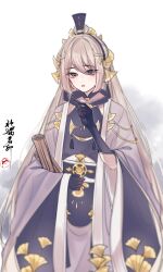  1boy absurdres androgynous bamboo_slips black_gloves black_hanfu black_robe black_sash blue_eyes candied_ginkgo_nut_(the_tale_of_food) catrom_nya chinese_clothes chinese_commentary coat cowboy_shot daxiushan elbow_gloves ginkgo_leaf gloves gradient_background grey_coat grey_hair hair_between_eyes hair_ornament halterneck hand_up hanfu highres holding holding_scroll leaf leaf_hair_ornament long_hair long_sleeves looking_down male_focus mole mole_under_eye open_clothes open_coat robe sash scroll seal_impression solo standing the_tale_of_food triangle_mouth very_long_hair waist_sash white_background xiao_guan_(headdress) 