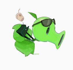  artist_name bag black-framed_eyewear black_bag black_eyes chinese_commentary commentary_request cup disposable_cup drinking_straw eyewear_on_head film_grain from_side halftone highres hightguy leaf looking_ahead no_humans peashooter_(plants_vs._zombies) plant plant_focus plants_vs._zombies profile shoulder_bag simple_background solid_oval_eyes solo sunglasses white_background 