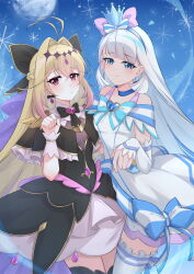  2girls absurdres antenna_hair aqua_bow aqua_bowtie arm_around_waist black_bow black_bowtie black_capelet black_dress black_thighhighs blonde_hair blue_bow blue_choker blue_crown blue_eyes blue_hairband blunt_bangs bow bowtie braid capelet choker commentary crown crown_braid crown_earrings cure_arcana_shadow cure_nyammy diamond_hairband dress dress_bow earrings elbow_gloves english_commentary frilled_capelet frilled_cuffs frilled_thighhighs frills full_moon gloves gradient_hair grey_hair hair_bow hair_intakes hairband half_gloves highres in-franchise_crossover jewelry jkth-shichen layered_dress light_blush long_hair looking_at_viewer magical_girl meitantei_precure! mini_crown moon moria_luluka multicolored_hair multiple_girls nekoyashiki_yuki night off-shoulder_dress off_shoulder pact_holder paw_pose pink_bow pointed_crown precure purple_veil short_dress side-by-side sky standing star_(sky) starry_sky straight_hair thigh-highs tilted_headwear veil very_long_hair violet_eyes white_dress white_gloves white_thighhighs wonderful_precure! 
