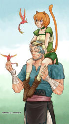  1boy 1girl animal_ears bad_bluesky_id bad_id beard bird bird_on_hand blue_hair breasts carrying cat_ears cat_girl commentary_request facial_hair fire_emblem fire_emblem:_path_of_radiance lethe_(fire_emblem) mcc_msbt medium_breasts mordecai_(fire_emblem) orange_hair outdoors short_hair shoulder_carry tail 