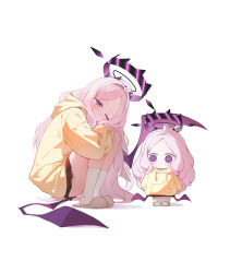  2girls absurdres ahoge alternate_costume black_skirt blue_archive blush chibi commentary_request demon_horns demon_wings dual_persona grey_hair halo hands_on_own_knees highres hina_(blue_archive) hood hoodie horns korean_commentary looking_at_viewer multiple_girls multiple_horns one_eye_closed parted_bangs simple_background skirt slippers socks squatting uz_(uzru0428) white_background white_socks wings yellow_hoodie 
