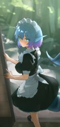  1girl absurdres apron aqua_eyes dress frilled_apron frills from_side highres indie_virtual_youtuber looking_at_viewer maid maid_apron maid_headdress multicolored_hair rishe_(reeeeshe) shark_girl virtual_youtuber white_apron 