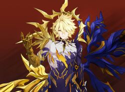  1boy absurdres asymmetrical_wings blonde_hair blue_wings chinese_commentary commentary_request cracked_skin gauntlets gold_blood gold_halo highres honkai:_star_rail honkai_(series) li_shijin looking_at_another male_focus mismatched_wings phainon_(honkai:_star_rail) phainon_(khaslana)_(honkai:_star_rail) short_hair solo topless_male wings yellow_eyes yellow_wings 