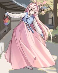  1girl ahoge alternate_costume blue_archive blush bow braid chima_(clothes) full_body green_eyes hair_bow halo hanako_(blue_archive) hanbok highres holding hyurumari jeogori_(clothes) jokki_(clothes) korean_clothes long_hair long_sleeves open_mouth outdoors pink_halo pink_shoes pink_skirt shoes side_braid single_braid skirt skirt_hold sleeves_past_wrists smile solo tree very_long_hair white_bow 