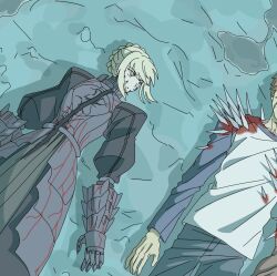  1boy 1girl armor artoria_pendragon_(fate) battle_damage blonde_hair blood commentary_request emiya_shirou fate/stay_night fate_(series) full_armor heaven's_feel highres korean_commentary looking_at_another red_hair rugihodo saber_alter shirt t-shirt 