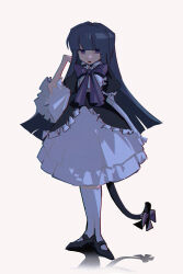  1girl bib_collar black_dress black_shoes blue_hair blunt_bangs blunt_ends bow cat_tail cckm collar commentary dress empty_eyes expressionless frederica_bernkastel frilled_collar frilled_dress frilled_sleeves frills full_body gothic_lolita hand_up highres hime_cut jitome kneehighs layered_dress layered_sleeves lolita_fashion long_hair long_sleeves looking_to_the_side mary_janes open_mouth purple_bow shoes simple_background socks solo standing tail tail_bow tail_ornament umineko_no_naku_koro_ni violet_eyes white_background white_dress white_socks witch 