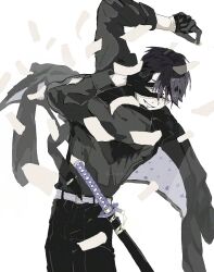  1boy arched_back arm_up belt black_gloves black_jacket black_pants cowboy_shot double-parted_bangs floating_clothes gloves green_eyes grey_shirt grin hair_between_eyes half-closed_eyes hand_over_eye hand_up holding holding_jewelry holding_ring jacket jacket_on_shoulders jewelry katana kenmochi_touya ktbu_o long_sleeves looking_at_viewer male_focus nijisanji official_alternate_costume official_alternate_hairstyle pale_skin pants purple_belt purple_hair ring sheath sheathed shirt shirt_tucked_in simple_background smile smirk solo suit suit_jacket sword two-sided_fabric two-sided_jacket virtual_youtuber weapon white_background 