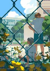  2girls 6+boys amagi_yukiko ball blue_shorts blue_sky brown_hair building chain-link_fence commentary day fence flower from_behind grey_hair gym_uniform hanamura_yousuke hand_on_own_neck highres looking_back male_focus multiple_boys multiple_girls narukami_yu outdoors persona persona_4 s_saremi satonaka_chie shirt shorts sitting sky soccer_ball standing tree untranslatable_commentary white_shirt yellow_flower 