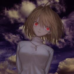  1girl absurdres antenna_hair arcueid_brunestud arms_behind_back breasts cloud_background clouds cloudy_sky commentary_request floating_hair head_tilt highres jewelry large_breasts leaning_to_the_side light_smile long_sleeves looking_at_viewer narue parted_lips pendant purple_sky short_hair sky slit_pupils solo sweater tsukihime turtleneck turtleneck_sweater upper_body white_sweater 