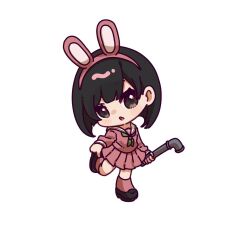  1girl animal_ears black_hair black_shoes chibi commentary_request fake_animal_ears highres holding holding_lead_pipe lead_pipe oan_(o_annn) pink_serafuku pink_skirt pink_socks pleated_skirt rabbit_ears school_uniform serafuku shimizu_hinako shimizu_hinako_(pink_rabbit_costume) shoes silent_hill_(series) silent_hill_f simple_background skirt socks white_background 
