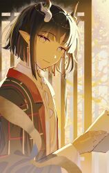  1girl absurdres ann_mo arknights black_hair black_jacket chinese_commentary colored_extremities commentary earrings grey_eyes grey_shawl highres holding horns jacket jewelry jie_(arknights) light_smile long_sleeves looking_at_viewer multicolored_hair orange_hair pointy_ears shawl shirt short_hair_with_long_locks solo streaked_hair upper_body white_shirt 