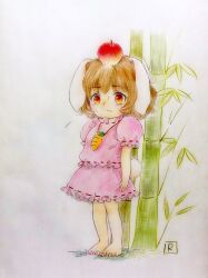 1girl animal_ears apple_on_head bamboo barefoot blush brown_hair carrot_necklace commentary_request dress floppy_ears flying_sweatdrops inaba_tewi jewelry necklace nervous_sweating pink_dress puffy_short_sleeves puffy_sleeves q-bee_(aaru) rabbit_ears rabbit_girl rabbit_tail red_eyes short_hair short_sleeves solo sweat tail toenails touhou traditional_media wavy_mouth william_tell_(legend) 