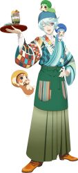 1boy apron artist_request bandana blue_bandana blue_hair blue_kimono brown_shoes full_body game_cg gradient_hair green_apron hand_on_own_hip highres holding holding_tray japanese_clothes kimono looking_at_another mikleo_(cafe)_(tales) mikleo_(tales) multicolored_hair normin_(tales) official_alternate_costume official_art one_eye_closed open_mouth shoes short_hair smile solo standing tales_of_(series) tales_of_asteria tales_of_zestiria third-party_source transparent_background tray two-tone_hair violet_eyes white_hair 