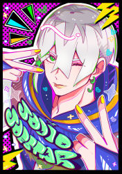  1boy absurdres black_border blue_overalls border character_name colorful_background commentary earrings green_eyes grey_hair hair_between_eyes highres hood hood_down hooded_overalls jewelry jodio_joestar jojo_no_kimyou_na_bouken looking_at_viewer male_focus one_eye_closed overalls r_rist short_hair smirk solo the_jojolands tongue tongue_out untranslatable_commentary upper_body yellow_nails 