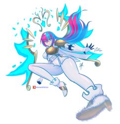  1girl absurdres alternate_costume blue_eyes blue_hair breasts emblem_(fire_emblem_engage) female_alear_(fire_emblem) fire_emblem fire_emblem_engage flying_kick gloves heterochromia high_heels highres kicking large_breasts long_hair marth_(fire_emblem) multicolored_hair nintendo official_alternate_costume possessed raydango red_eyes red_hair simple_background white_background 