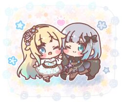  2girls ;) ;d aizawa_ema black_bow black_dress black_shoes blonde_hair blue_dress blue_eyes blue_hair bow brown_hairband brown_pantyhose chibi closed_mouth commentary_request dress floral_background flower gradient_hair grey_hair hair_bow hairband heart highres kaga_sumire long_hair mitarashi_neko multicolored_hair multiple_girls one_eye_closed pantyhose pleated_dress purple_flower rose shirt shoes smile standing standing_on_one_leg star_(symbol) very_long_hair virtual_youtuber vspo! white_flower white_rose white_shirt 