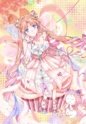  1girl =_= animal anklet arm_warmers back_bow bare_shoulders bead_necklace beads blonde_hair blue_eyes bow bow_in_eye bowtie cat chinese_commentary cloak closed_mouth clothed_animal colorful_background commentary_request dot_nose double_bun dreamtime_bestowed_(infinity_nikki) dress dress_bow drill_hair ear_covers fins footwear_bow frilled_arm_warmers frills full_body gem gem_hair_ornament gradient_hair hair_bow hair_bun hands_on_own_chin happy head_fins heart-shaped_gem high_heels highres hood hood_up hooded_cloak infinity_nikki jewelry large_bow layered_dress leg_ribbon light_blush long_hair looking_at_viewer medium_dress momo_(nikki) moyi652607 multicolored_hair multicolored_shoes neck_ribbon necklace nikki_(series) official_alternate_costume on_food parted_bangs pink_arm_warmers pink_bow pink_bowtie pink_cloak pink_dress pink_gem pink_hair pink_ribbon pink_shoes purple_bow ribbon ribbon_earrings shoes sidelocks sitting sleeveless sleeveless_dress smile spaghetti_strap sprinkles striped_bow twin_drills two-tone_hair two-tone_shoes very_long_hair white_bow white_cat white_dress white_shoes 