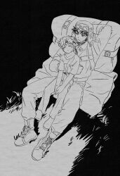  2boys aged_down aviator_cap backpack bag battle_tendency bomber_jacket boots caesar_anthonio_zeppeli child facial_mark field gijojogi grass greyscale highres hug hug_from_behind jacket jojo_no_kimyou_na_bouken joseph_joestar joseph_joestar_(young) male_focus monochrome multiple_boys parachute scarf sitting sitting_on_lap sitting_on_person sleeping time_paradox 