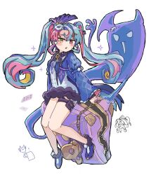  1girl blue_hair commentary_request dress eye_mask fur-trimmed_dress fur_trim heterochromia jacket long_sleeves mask mask_on_head multicolored_hair open_mouth pero_(wuthering_waves) pink_eyes pink_hair purple_jacket roccia_(wuthering_waves) simple_background sitting solo suitcase tsu_zd twintails two-tone_hair white_background white_dress wuthering_waves yellow_eyes 