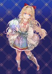  1girl absurdres blonde_hair blue_background blue_eyes boots bow camellia_(camel_mal) closed_mouth coat from_above full_body grey_skirt hair_bow hashtag-only_commentary highres holding kiperina knee_pads legs_apart long_hair looking_at_viewer miniskirt official_alternate_costume red_bow reverse:1999 shirt single_knee_pad skirt solo standing very_long_hair white_boots white_coat white_shirt 