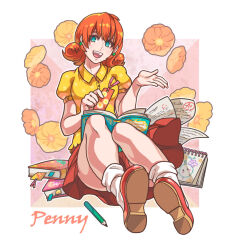  1girl :d aqua_eyes book bookmark bright_pupils character_name child's_drawing clover_earrings collared_shirt commentary_request full_body holding holding_bookmark looking_at_viewer open_book open_hand open_mouth orange_hair original pencil penny_(stardew_valley) print_shirt puffy_short_sleeves puffy_sleeves red_shoes shirt shoes short_hair short_sleeves sitting smile socks solo star_(symbol) star_print stardew_valley tanagawa_makoto white_pupils white_socks yellow_shirt 