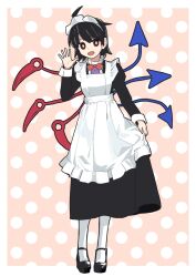  1girl ahoge apron arm_up asymmetrical_wings black_hair black_shirt black_shoes black_skirt blue_wings border bow bowtie center_frills collar commentary cookie_(touhou) enmaided floating_clothes frills highres houjuu_nue juliet_sleeves kneehighs leftame long_sleeves looking_at_viewer maid maid_apron maid_headdress meimei_(cookie) open_mouth pink_background polka_dot polka_dot_background puffy_sleeves red_bow red_bowtie red_eyes red_wings shirt shoes short_hair skirt smile socks solo swept_bangs touhou waving white_apron white_background white_border white_collar white_socks white_wrist_cuffs wings wrist_cuffs 