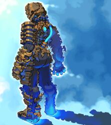  1boy armor assault_visor blue_visor commentary_request dead_space_(series) highres isaac_clarke male_focus mandra_t2 n7_armor plasma_cutter power_armor power_suit science_fiction solo spacesuit 